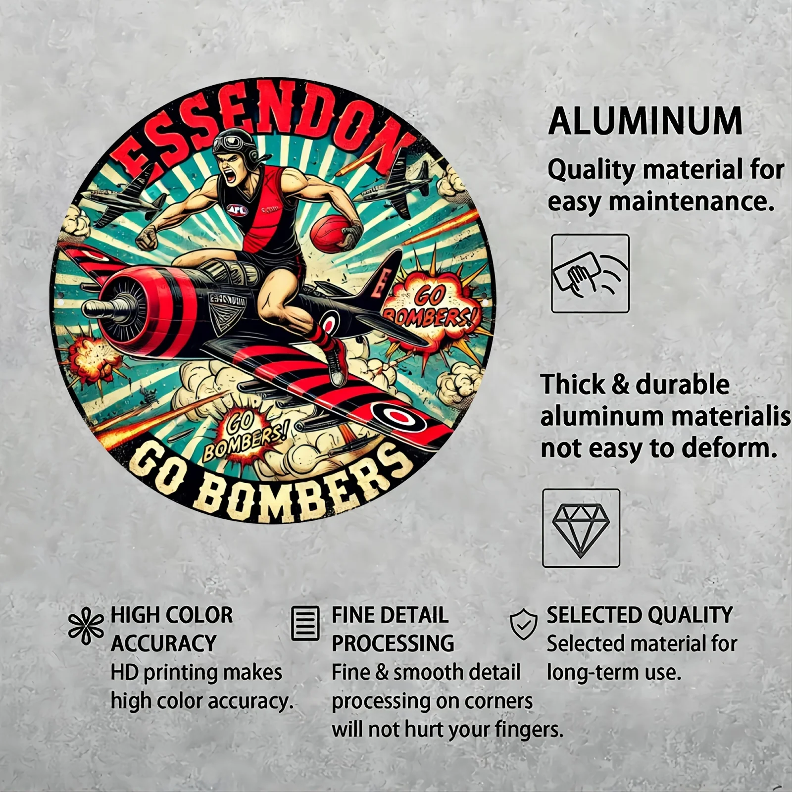 قطعة واحدة من علامة Essendon Bombers المعدنية المستديرة - لوحة فنية جدارية من الألومنيوم على الطراز العتيق تتميز بمشغل كرة القدم الديناميكي وتصميم الطائرة #6