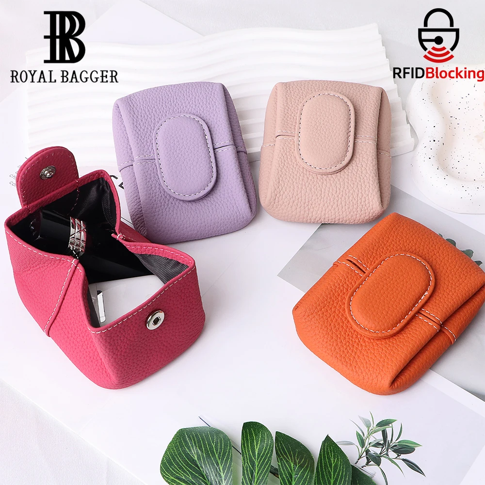 

Женский кошелек для монет Royal Bagger RFID Mini из натуральной кожи, однотонный, с застежкой, для ключей, наушников, ожерелья, сумка для хранения вещей