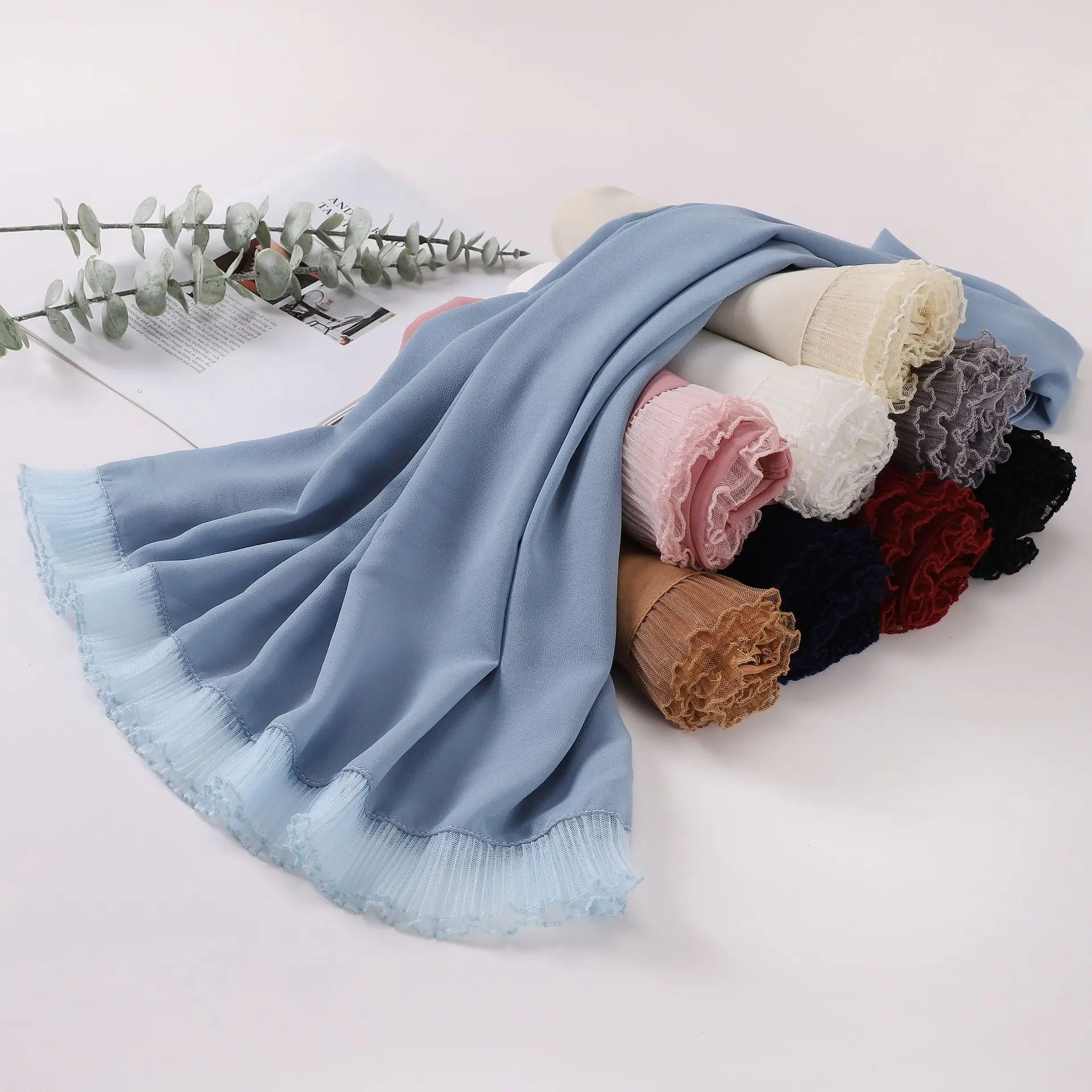 

Muslim Lace Chiffon Scarf Hijabs for Women Luxury Ramadan Headscarf Shawl Solid Full Cover Headband Female Jersey Head Wraps