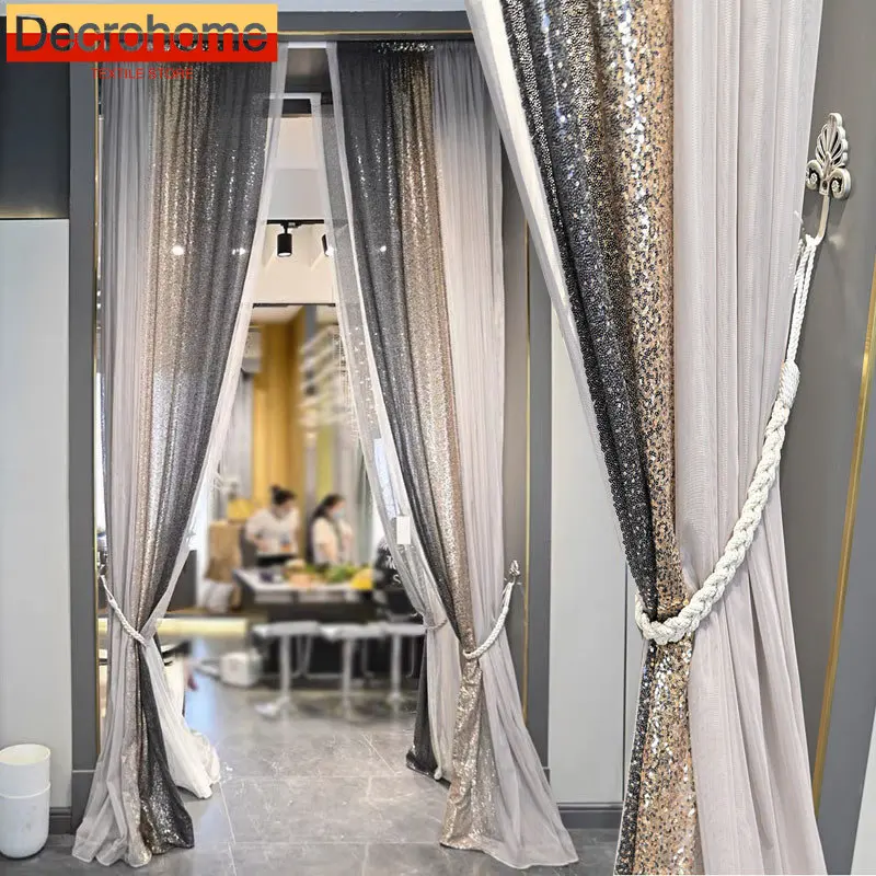 American Light Luxury Curtain For Living Room Bedroom  Romantic Wedding Home Gradient Sequin Tulle  Decor Sheer Drapes Custom #4