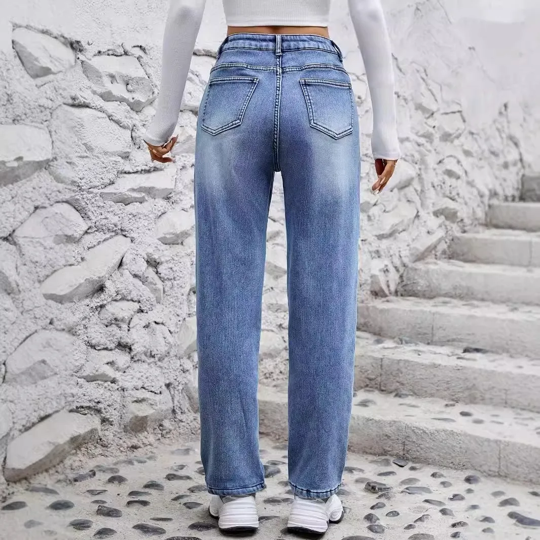 Thickened Straight Leg Jeans Mid Waist Edgy Street with Full Length Long Pants Medium Stretch Mid Rise Waist Autumn Women Jeans