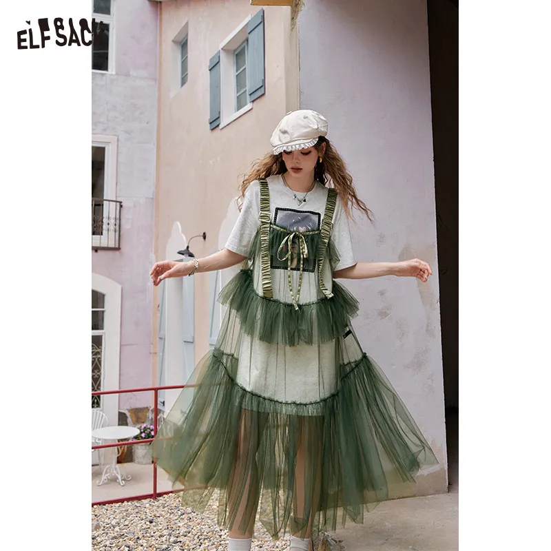 ELFSACK 2025夏新作 スイートクールプリンセスドレスセット メッシュスプライシングプリントTシャツ レディースロングドレス ツーピース
