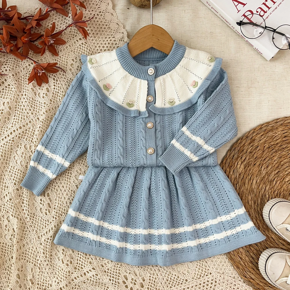 Striped Color Blocked Knitted Sweater Children's Sets Autumn and Winter Girls' Clothes Long Sleeved Flower Collar Cardigan+Skirt