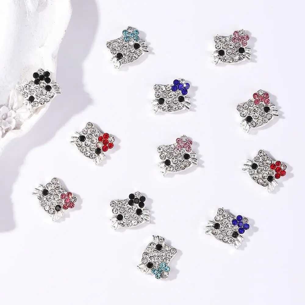 36pcs Rhinestone 3D Hello Kitty Nail Charms Kawaii Metal Sparkling Crystal Kitty Nail Decoration 6 Colors Diy Nail Accessories &