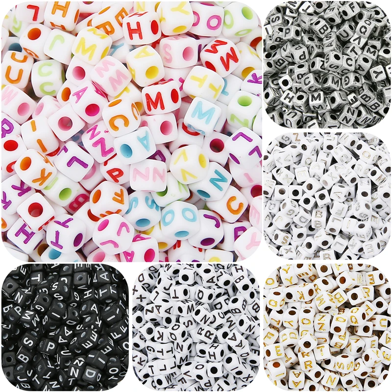 100szt Kwadratowe Koraliki z Literami 6x6mm Akrylowy Alfabet Mieszane Kostki do Robienia Bransoletek DIY
