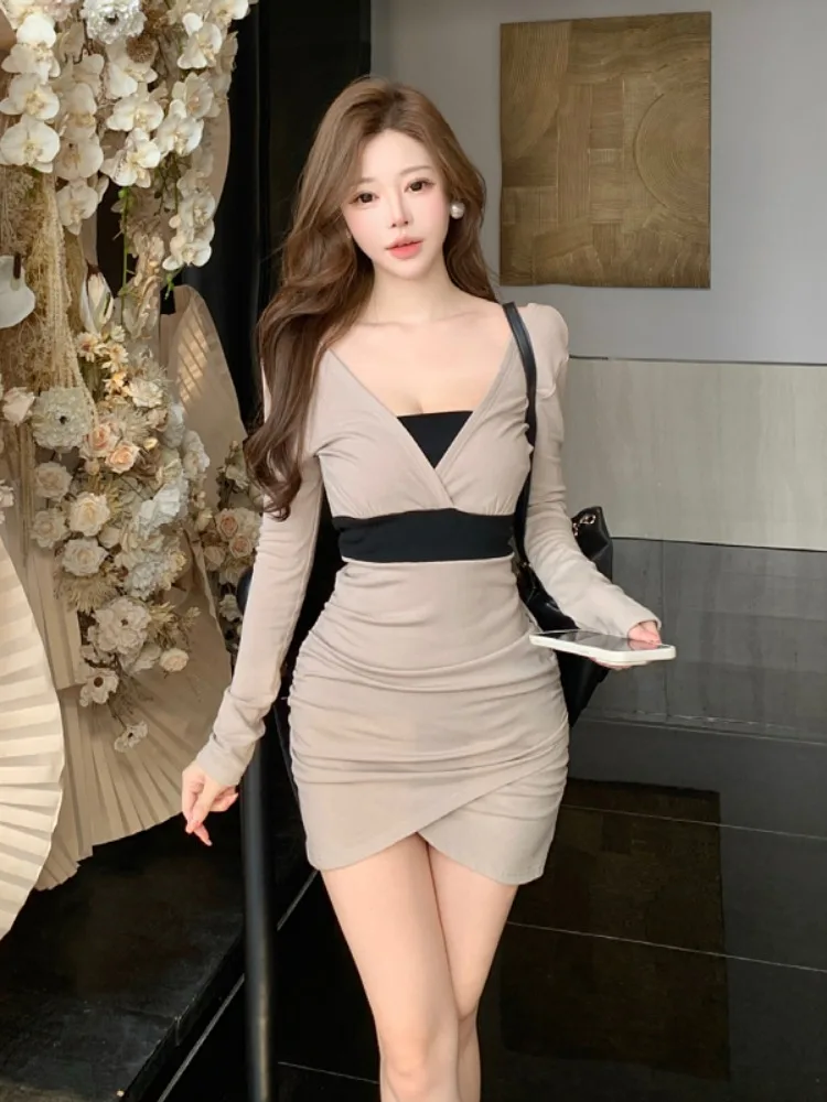 

Ele Fitted Long Sve Fce Lined Wrap around Skirt Dr Autumn Winter V Ne Dr Color Blo Fake Two-Piece Dr