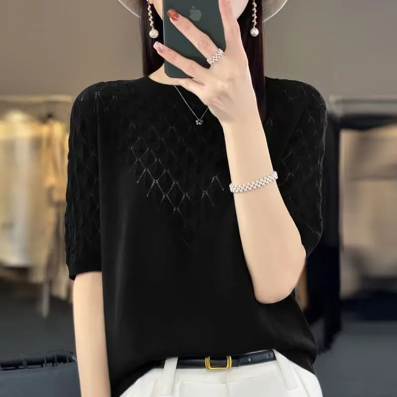 Primavera y novedad de verano, camiseta de media manga tejida de Color sólido con huecos de diamante de manga corta de estambre con cuello redondo para mujer