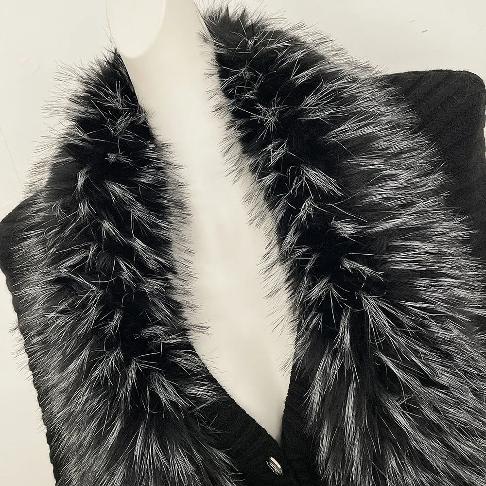 OFTBUY V-Ausschnitt Kunstpelzkragen Gerippter Strickpullover Mantel Damen Kurze Strickjacke Locker Geschnittene Schulter Neue Winteroberbekleidung – Detail 4
