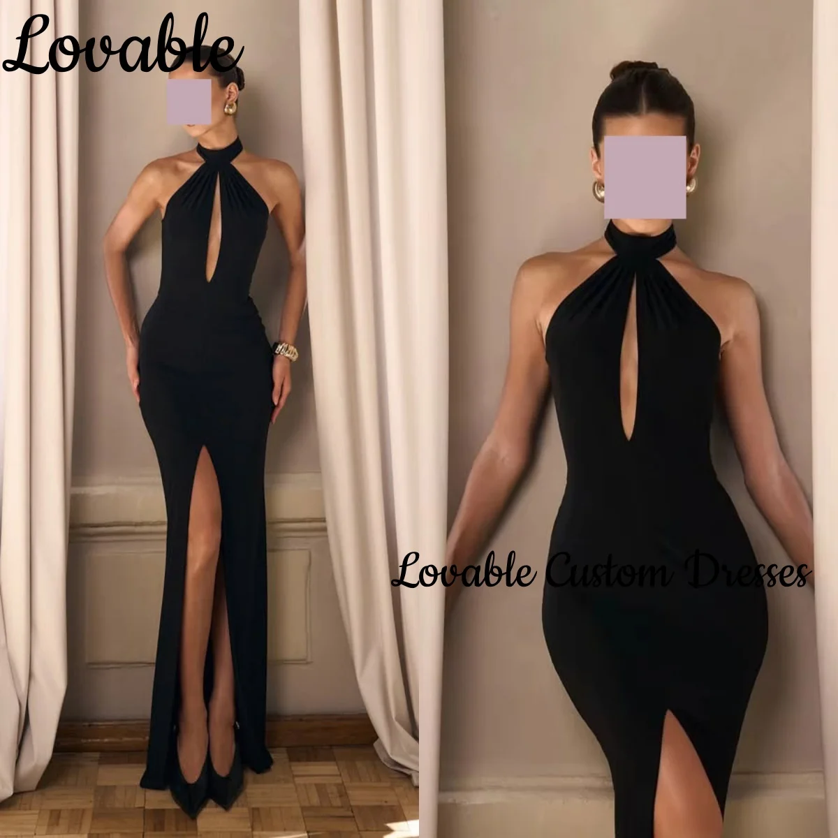 

Women'S Evening Dresses Customize Sheath Split Halter Floor-Length Formal Occasion Dresses Black Zipper Up Sleeveless Vestidos