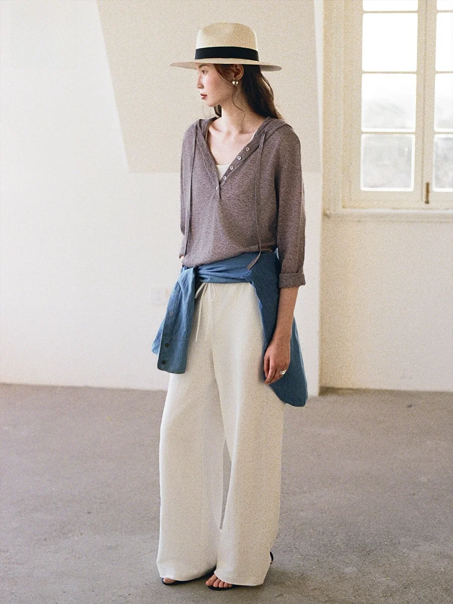 

Even Vintage High Waist Wide Leg Pants Linen Material Lightweight Simple Commute Sle Women's Casual Trousers