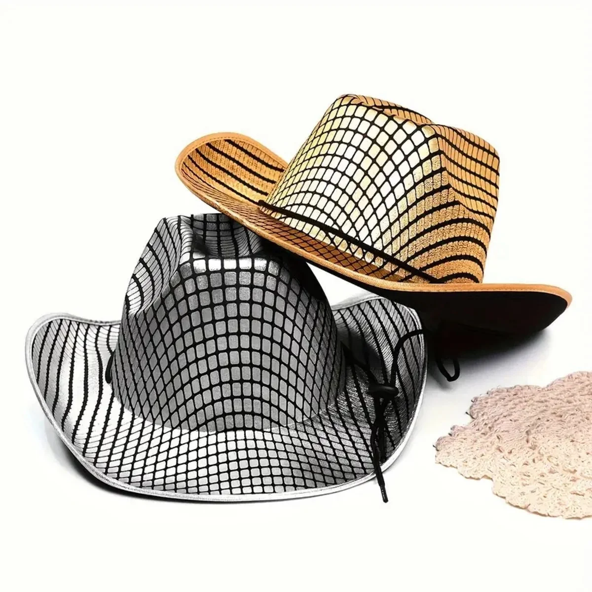 Western cowboy hat gold/silver mesh Panamanian hat stylish lightweight rolled fedora cowboy hat ladies and men can wear