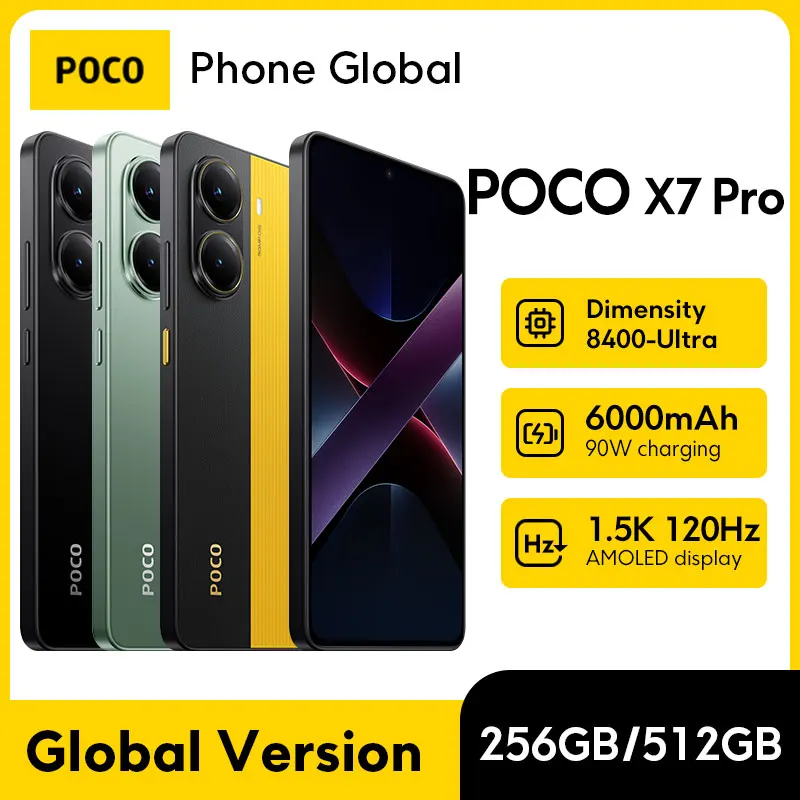 POCO X7 Pro الإصدار العالمي للهاتف الذكي الأبعاد 8400-Ultra 90W HyperCharge 6000mAh بطارية 120 هرتز 1.5K عرض IP68 5G NFC