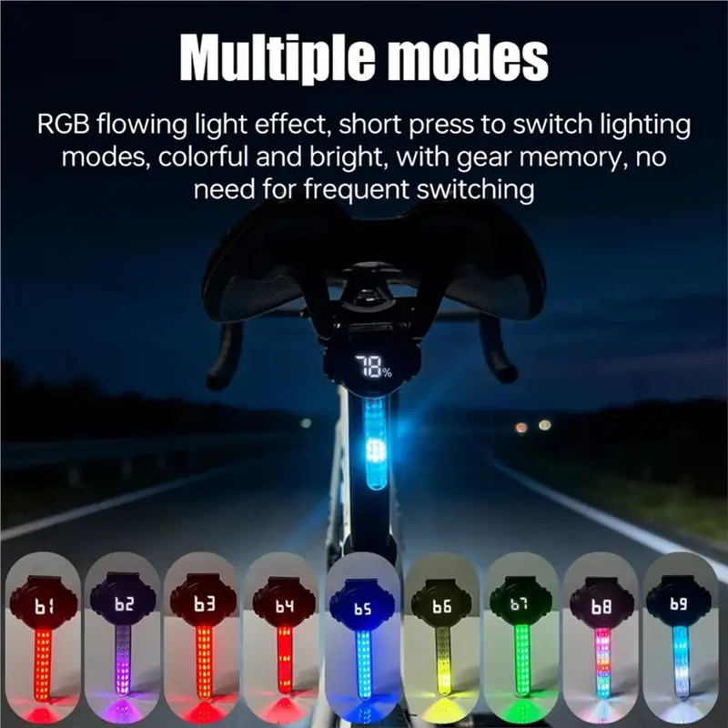 CGDS-Intelligent Rear Bike Light Smart Bike Tail Light,LCD Screen Brake Sensing With RGB Flowing Light Bicycle
