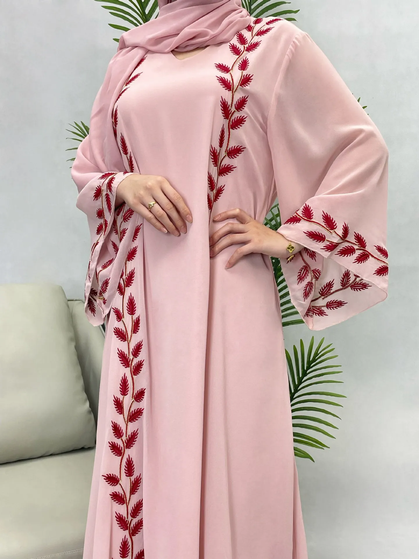 Ramadan Muslim Arab Middle East Dubai Türkiye Luxury Fashion Street Chiffon Pink Round Neck Plant Pattern Embroidery Long Dress