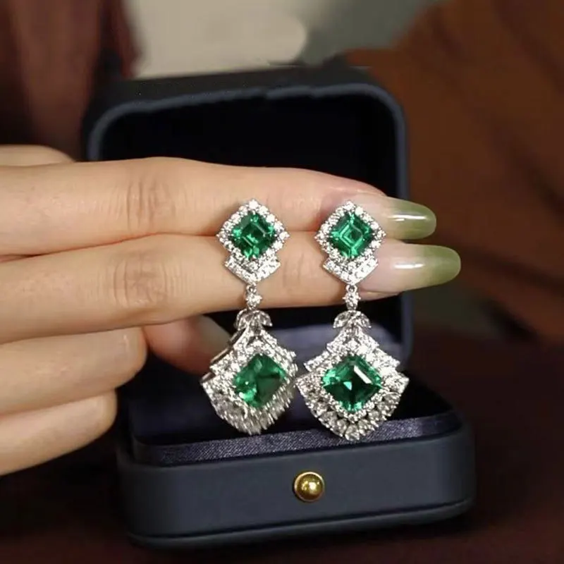 

Винтажные художественные роскошные серьги с зелеными бриллиантами и драгоценными камнями для женщин, изысканные модные серебряные серьги с ромбами 925, свадебные украшения