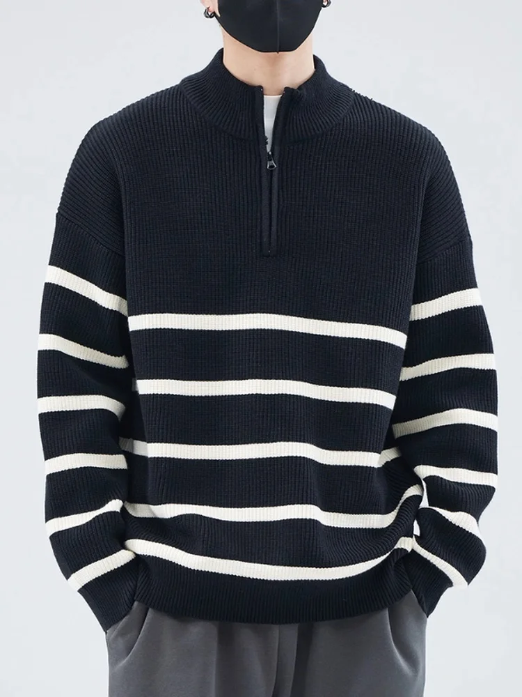

Мужской вязаный свитер на молнии в полоску, свободный крой, высокий воротник, зимний, модный, повседневный, больших размеров, удобный, теплый, базовый слой, верхняя одежда