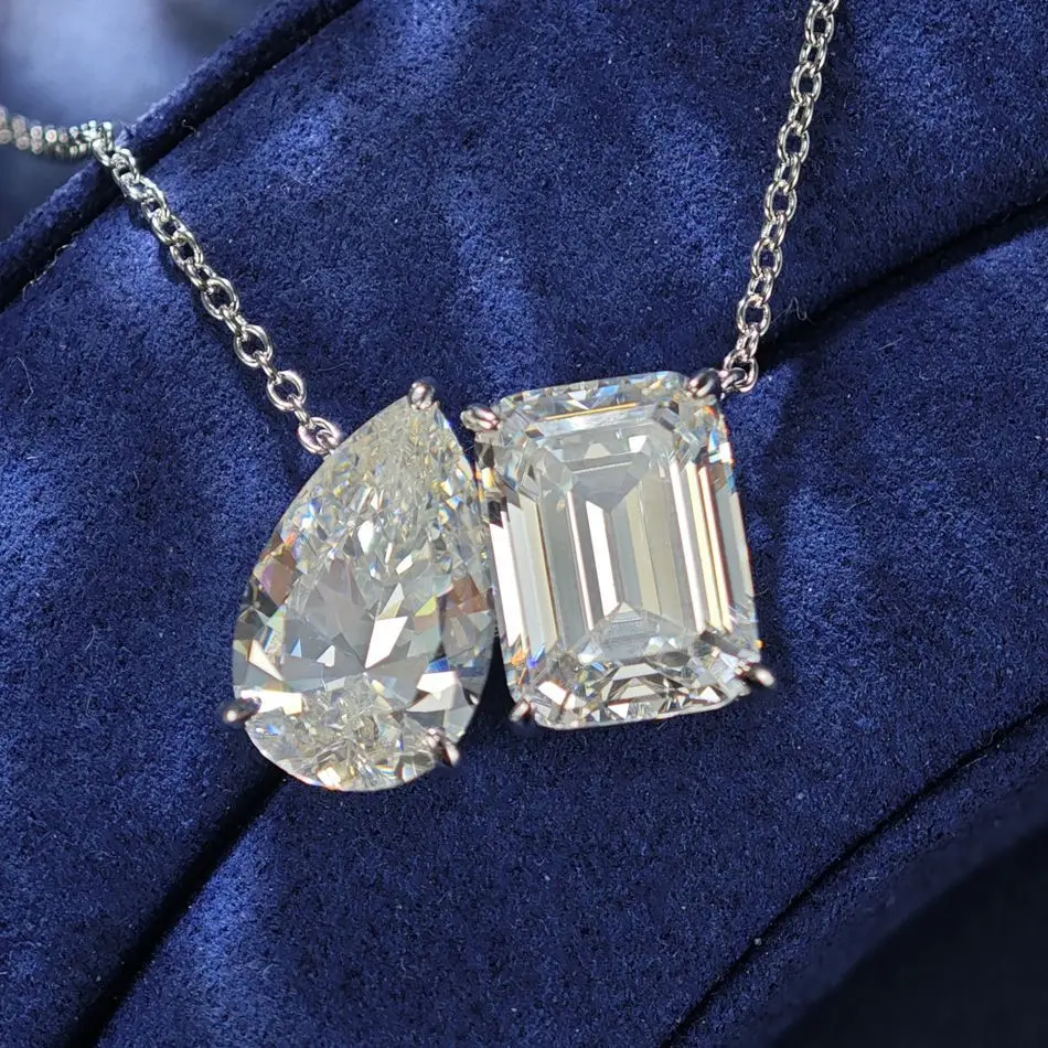 

Women's 9 Carat Twin Stone Necklace, PT950 Platinum (Pear & Baguette Cuts), Unique Luxury Elegant Euro-American Style