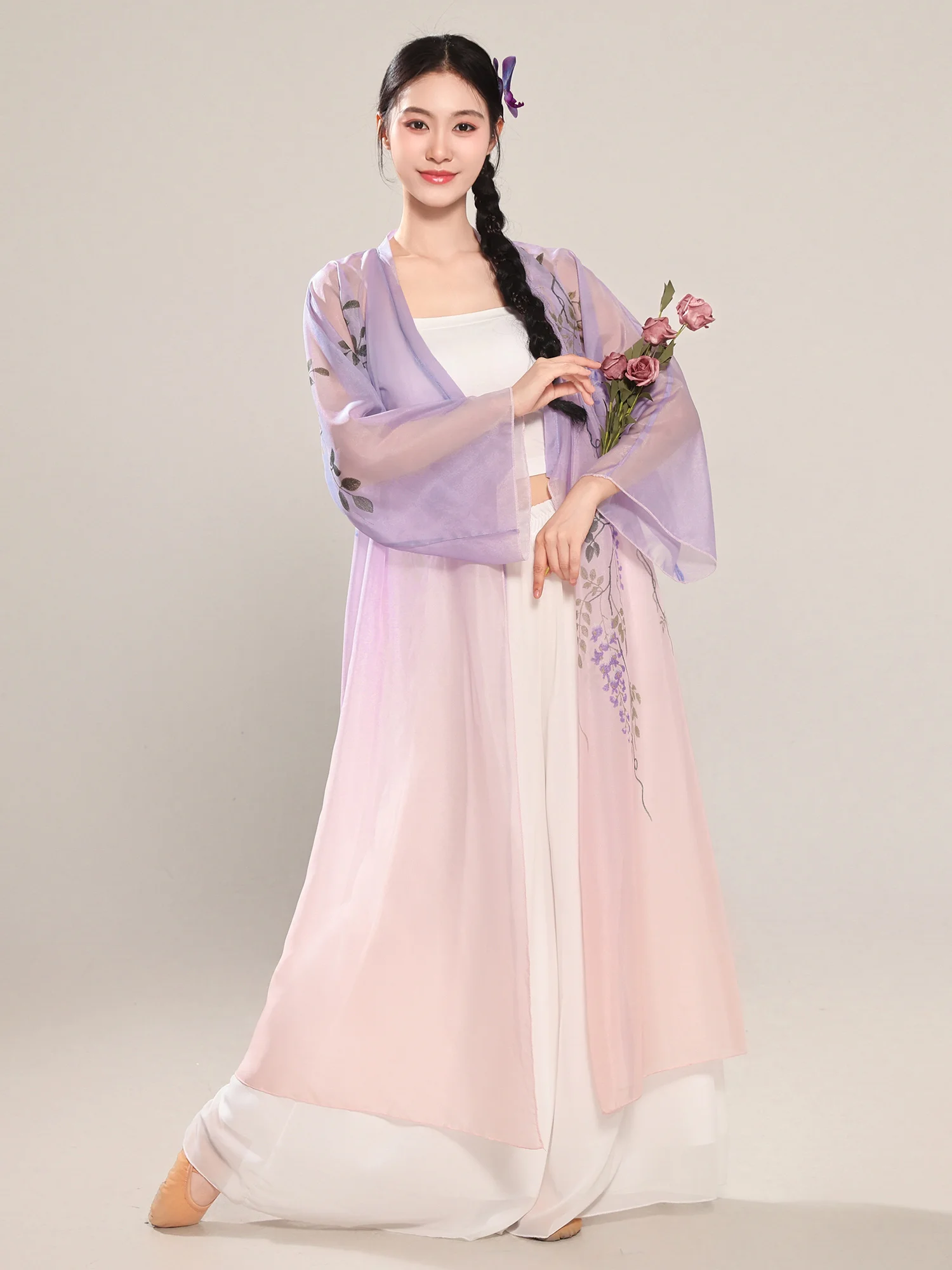 

Элегантный градиентный женский танцевальный костюм: комплект для выступлений и тренировок в стиле «Приказная фея» — туника, топ и юбка