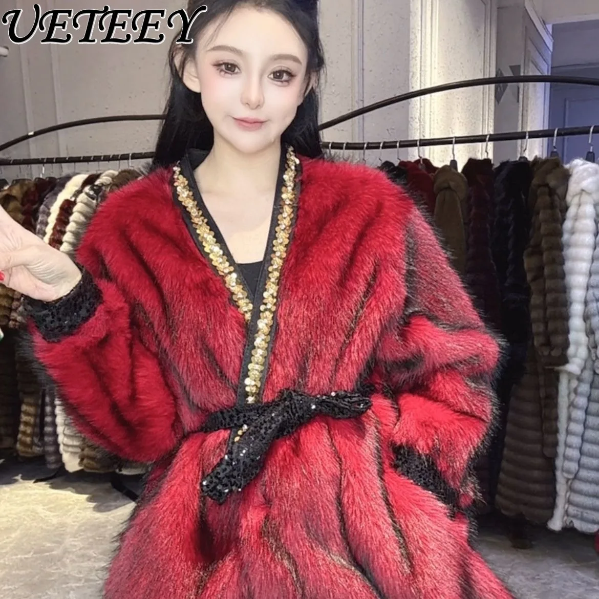 

Winter New High-end Red Versatile Long Sleeve Heavy Sequin Coat Loose Fashion V-neck Premium Furry Lace-up Jacket for Women
