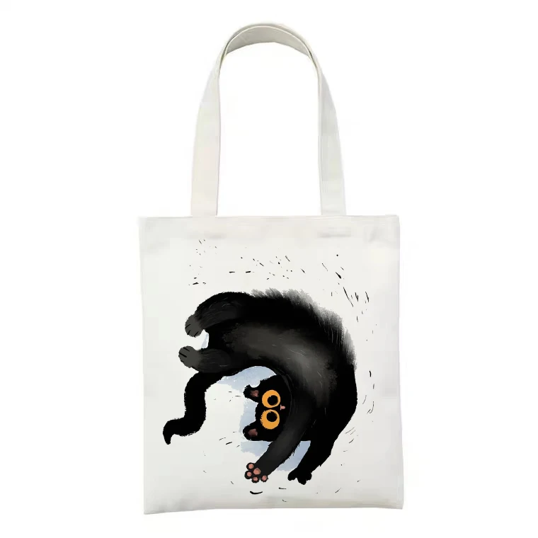 Women Canvas Bag Funny Black Cat Print Female  Reuseable Shopping Totebags Girls Students School Bookbags