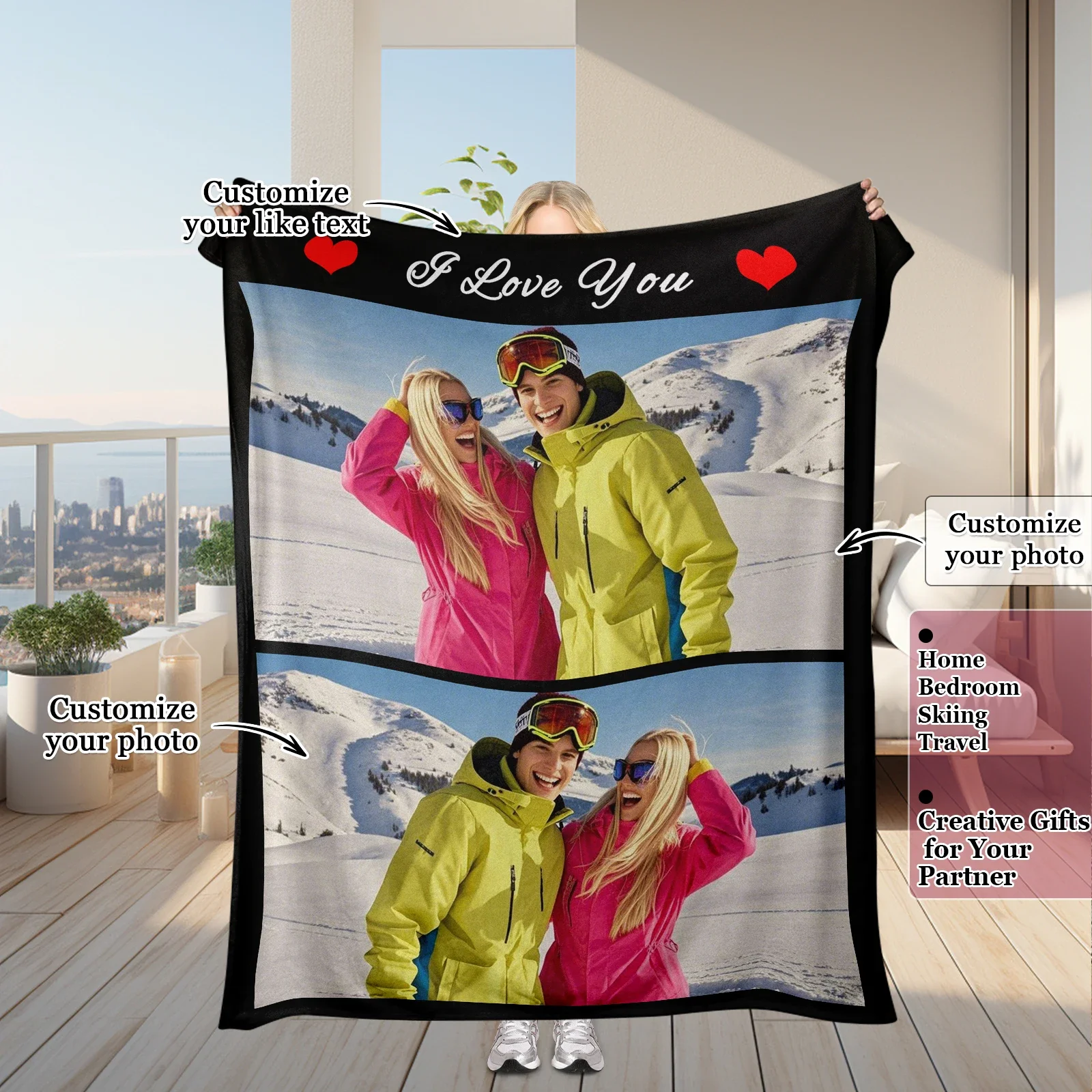 

Romantic Skiing Couple Photo Customizable Blanket Eyebrow Smile Couple Photo Memorial Gift For Boyfriend Girlfriend Husband Wife