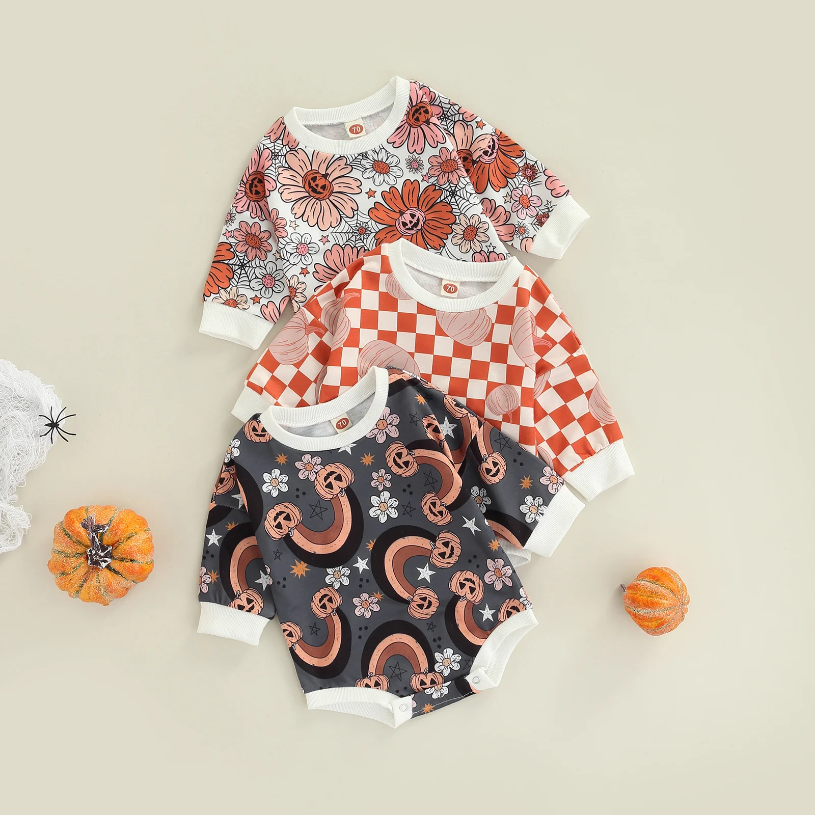 

Fall Winter Newborn Baby Halloween Bodysuits Toddler Girls Boys Soft Cotton Casual Pumpkin Floral Print Long Sleeve Romper