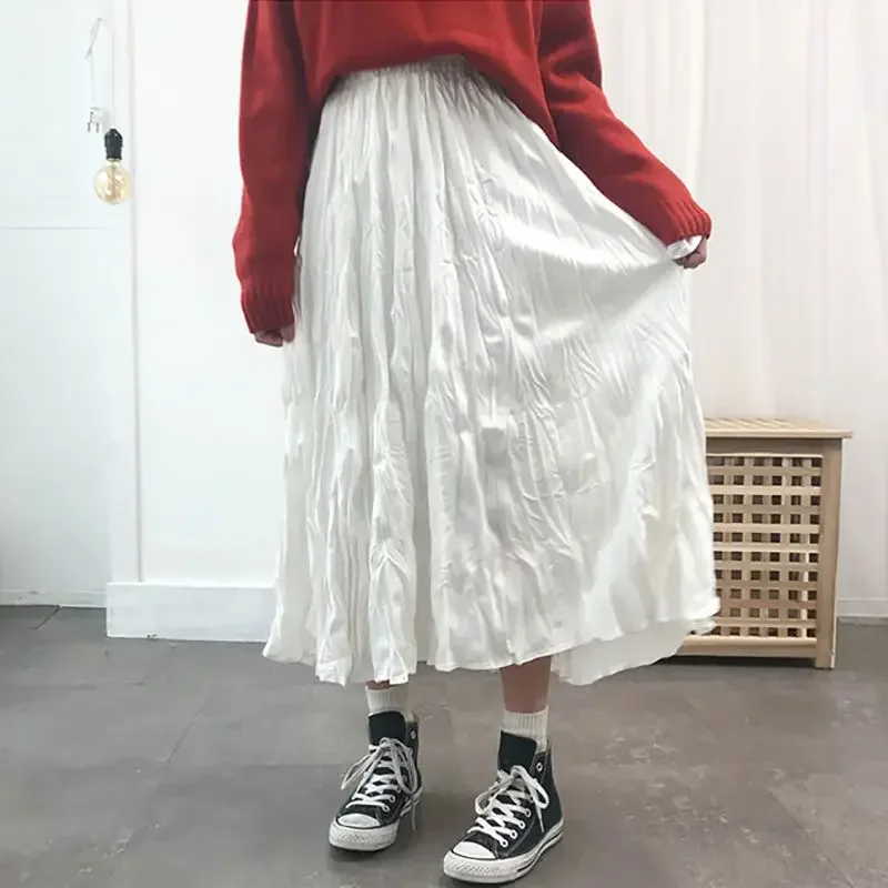 2025 Long Kawaii Skirts Women Spring Summer Elastic High Waist Pleated Skirts Female Black White Solid Skirt