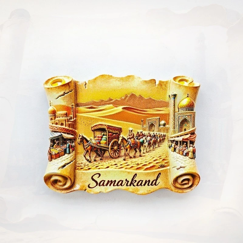 Samarkand Scroll Fridge Magnet - Historic 3D Desert Caravan Souvenir Unique Uzbekistan Gift for Travel & Adventure Home Decor