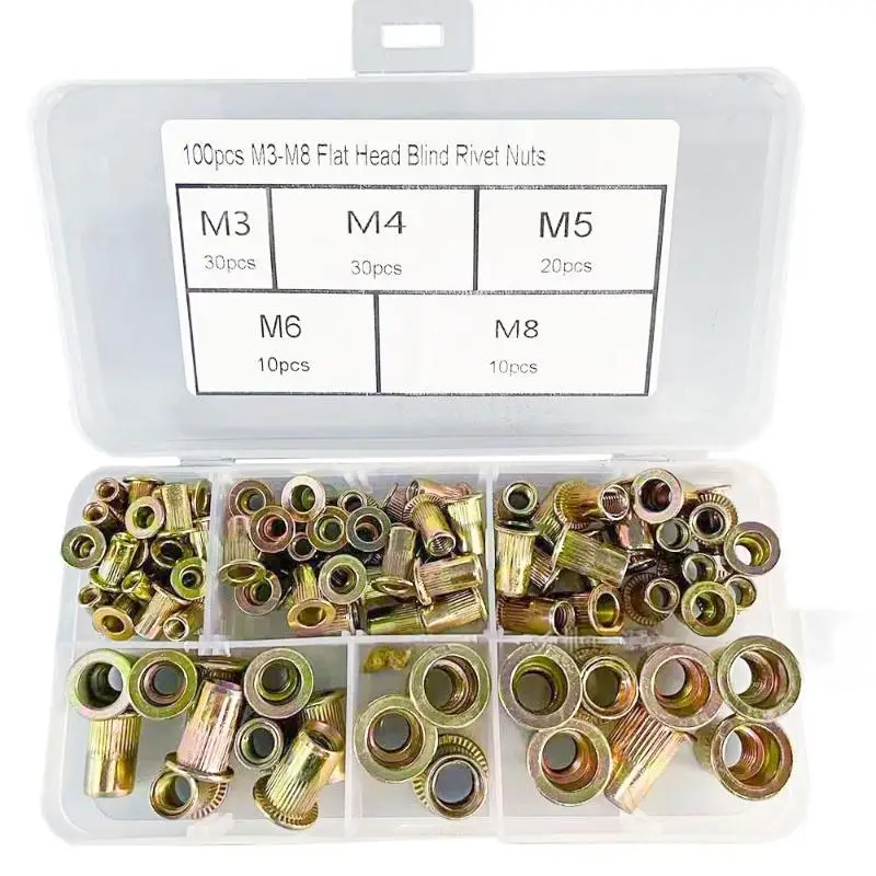 100PCS Professional Rivet Nut Tool Set | M3-M8 Flat Head Cylindrical Rivet Nuts, for Thin Metal Sheets, Durable & Multifunction