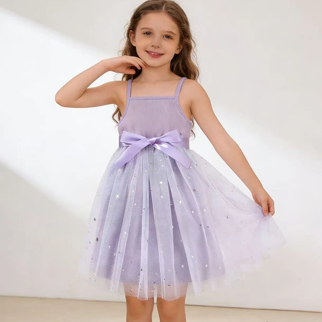 

Kids Girls One-piece Slip Dress Floral-Print Mesh Dresses Summer Outfits Baby Clothing Purple Tulle Skirt 2 3 4 5 6 7 Years