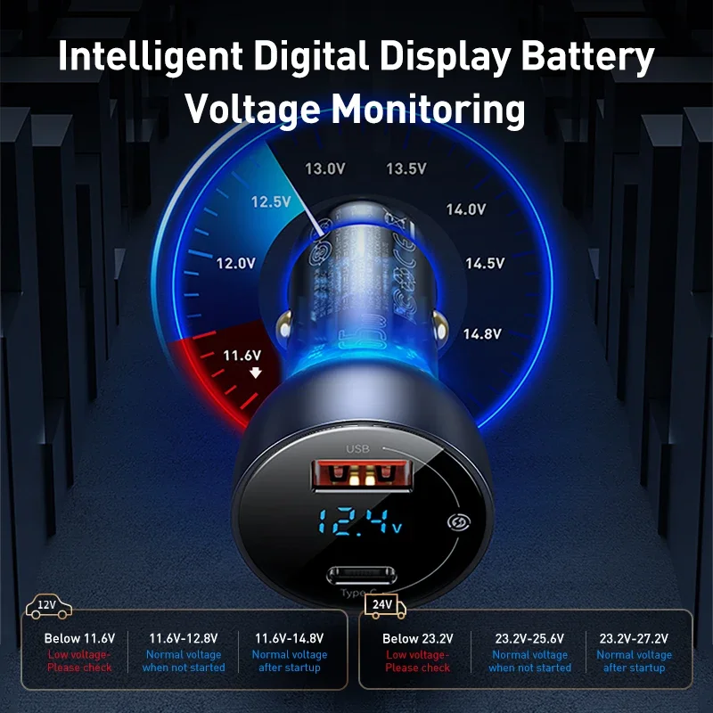 Baseus 차량용 충전기 QC 4.0 QC 3.0 LED 디스플레이 C타입 고속 충전기, 아이폰 16, 15, 샤오미, 삼성, USB 휴대폰 충전기, 65W PD