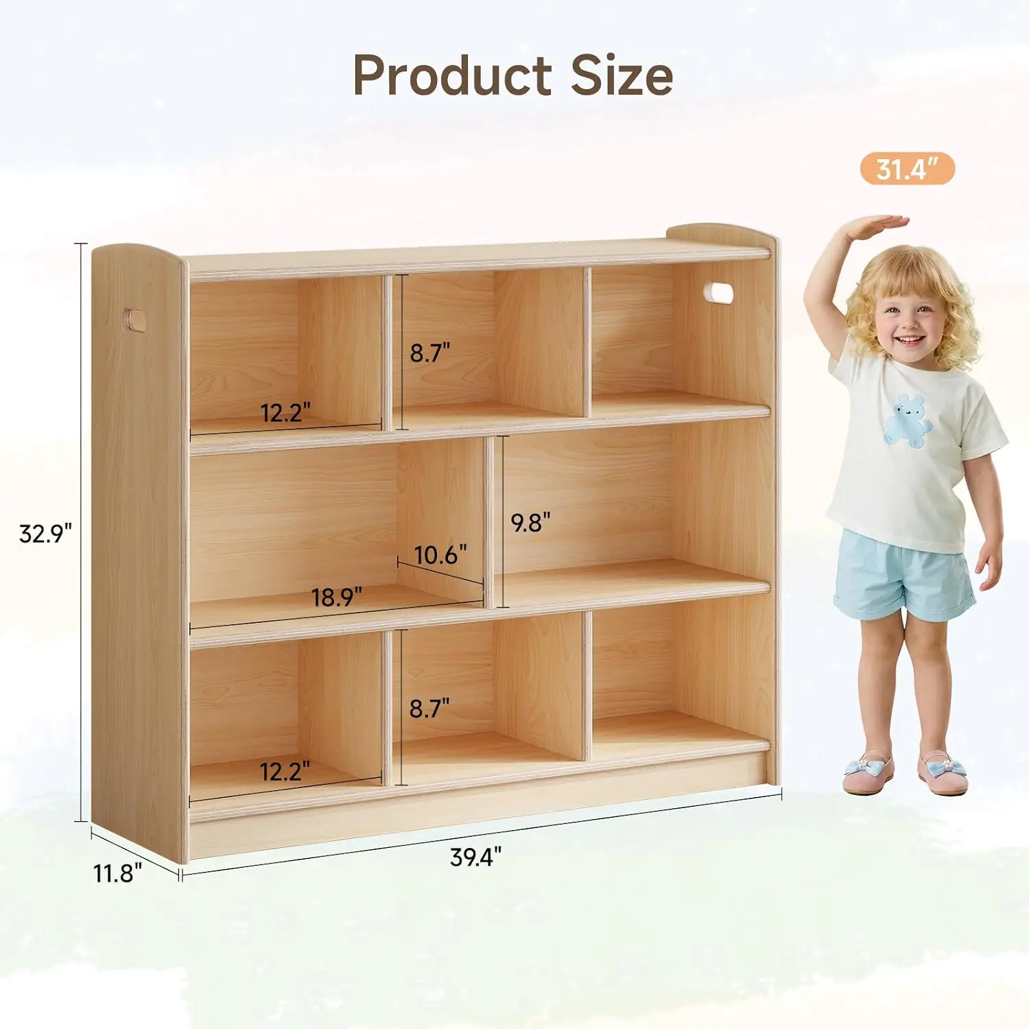 3-Tier Wood Montessori Shelf 8 Cube Storage Bookcase for Toddler Kids Room, Customized
