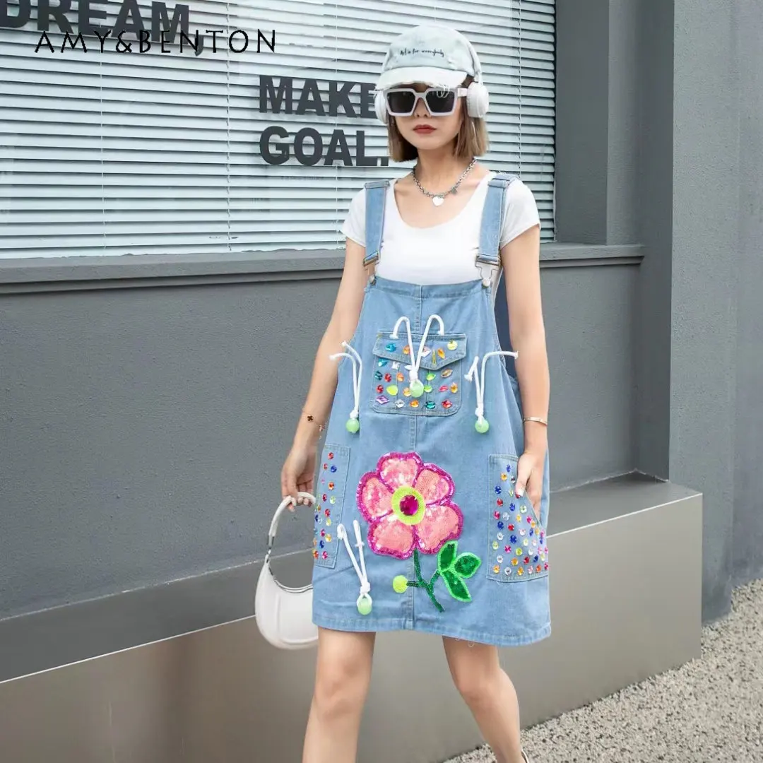 

Thai Fashion Style Summer 2023 New Age-Reducing Sequined Flower Suspender Dress Women's Clothing Loose Y2k Diamond Denim Dresses