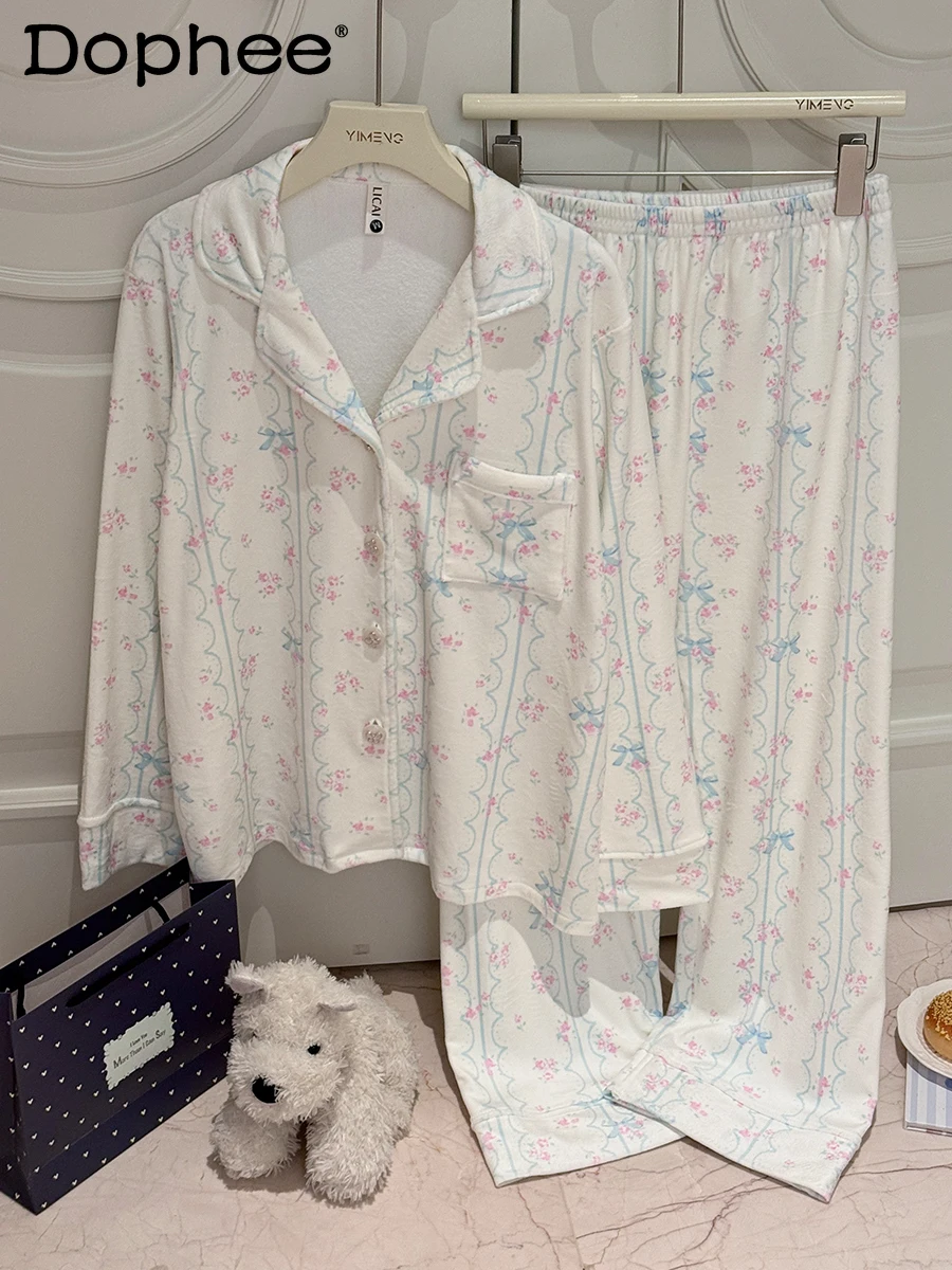 

Женские пижамы с длинными рукавами в японском стиле, осенне-зимний плюшевый утепленный теплый комплект, милая свободная повседневная домашняя одежда