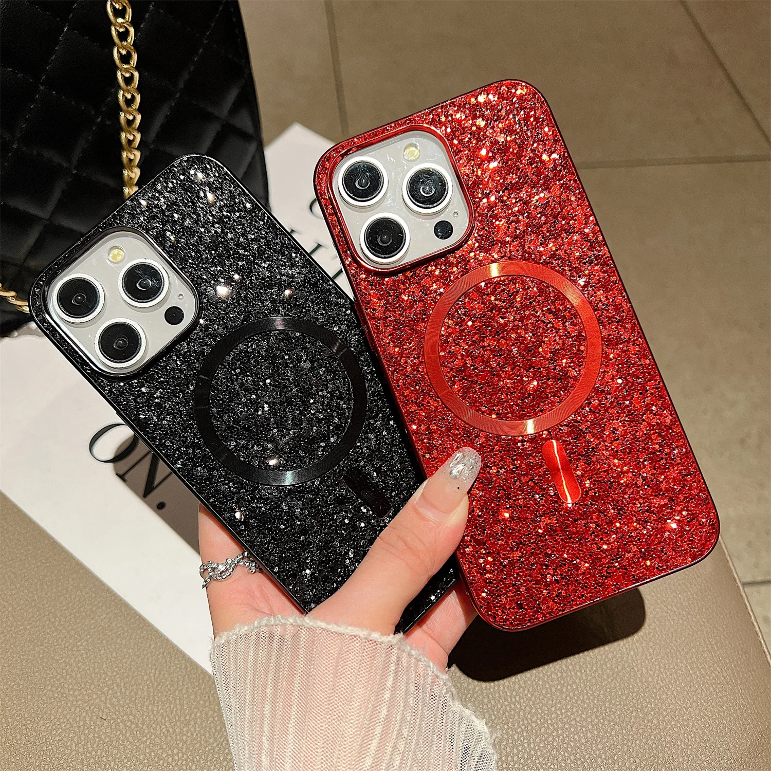 

Luxury Plating Bling Glitter Wireless Charging Case for iPhone 15 Pro Max 12 13 Pro 14 Plus Matte Frosted Sparkle Phone Cover