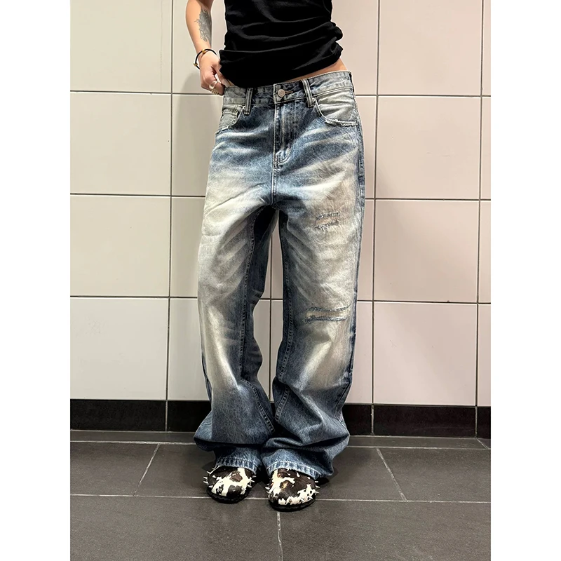

YIBASHU Summer High Waist Ripped Women Blue Jeans Hip-hop Vintage Streetwear Y2K Wide Leg Jean 2000s Trouser Baggy Denim Pants