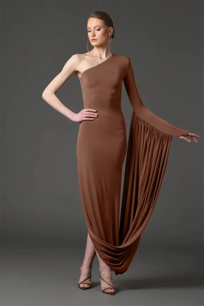 

Brown Prom Dress Sexy One Shoulder Full Sleeves Split Sheath Long Party Gown Formal Wedding Guest Birthday Evening Robe