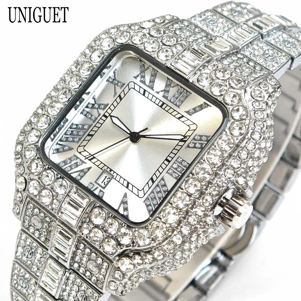 UNIGUET Square Watch For Men Fashion Iced Out Quartz Watches Man's Hip Hop Diamond Jewelry Wrist Watch Rock Boy Reloj Hombre