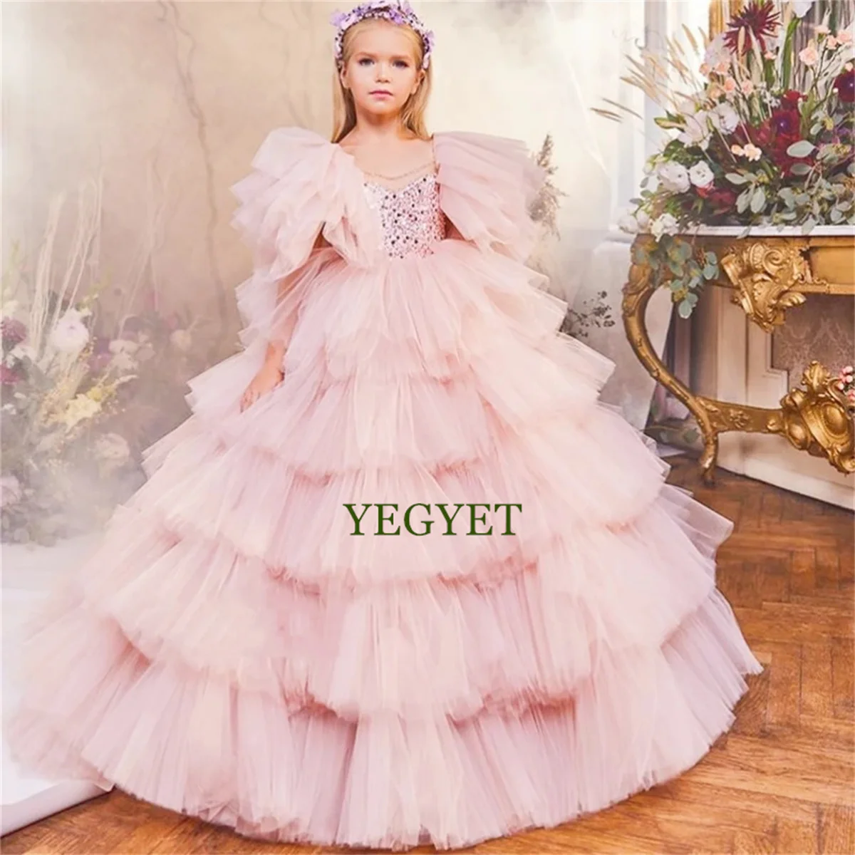 

Ruffle Layered Flower Girl Dress For Wedding Applique Sequin Tulle Puffy Beading Birthday Party Dress First Communion Ball Gowns