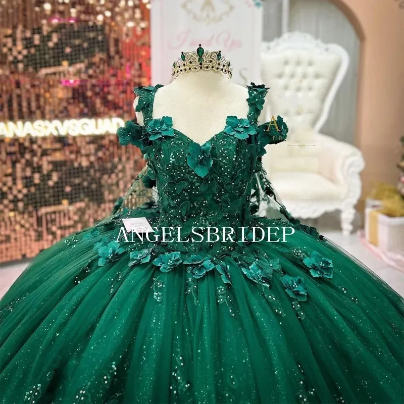 Emerald Green Ball Gown 15 Year Old Quinceanera Dresses 2023 With Wrap 3D Flowers Shiny Girls Birthday Party Dress