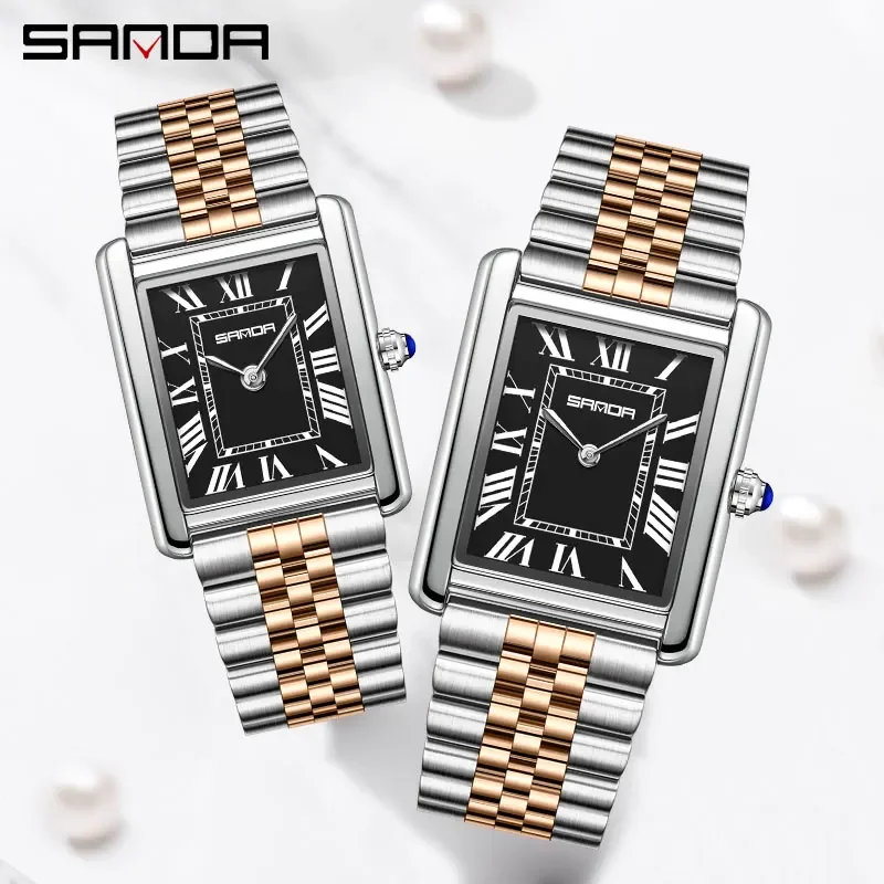 

SANDA Роскошные кварцевые часы для пар, модные водонепроницаемые часы для пар, износостойкий ремешок из нержавеющей стали, дизайн с квадратным циферблатом, женские часы