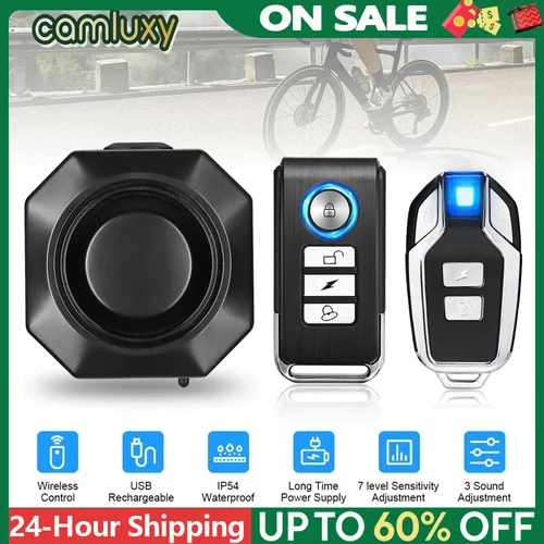Camluxy inalámbrico USB carga impermeable alarma de bicicleta Control remoto Detector de vibración alarma motocicleta alarma antirrobo