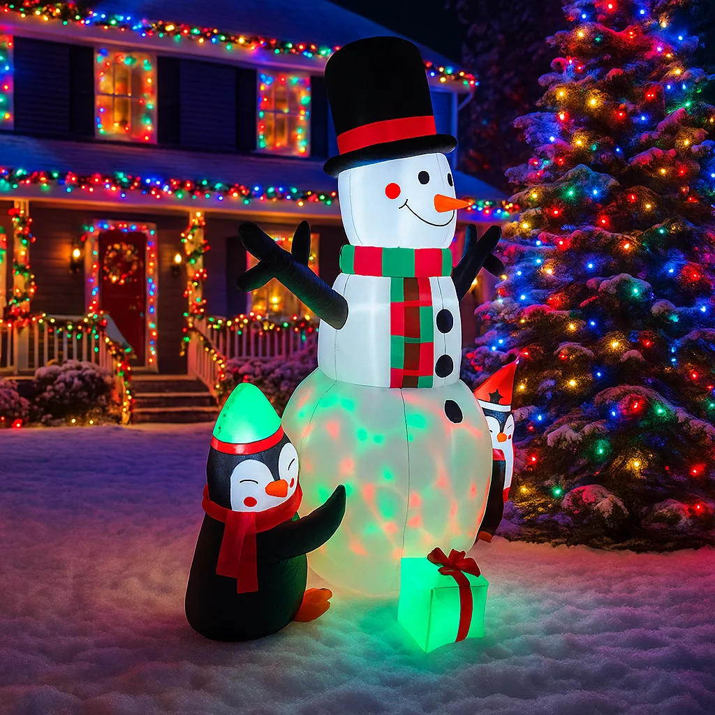 5.9FT Snowman Penguins Gift Box Inflatable Christmas Decorations Xmas Ornaments Lights Home Yard Holiday Outdoor Holiday Decor