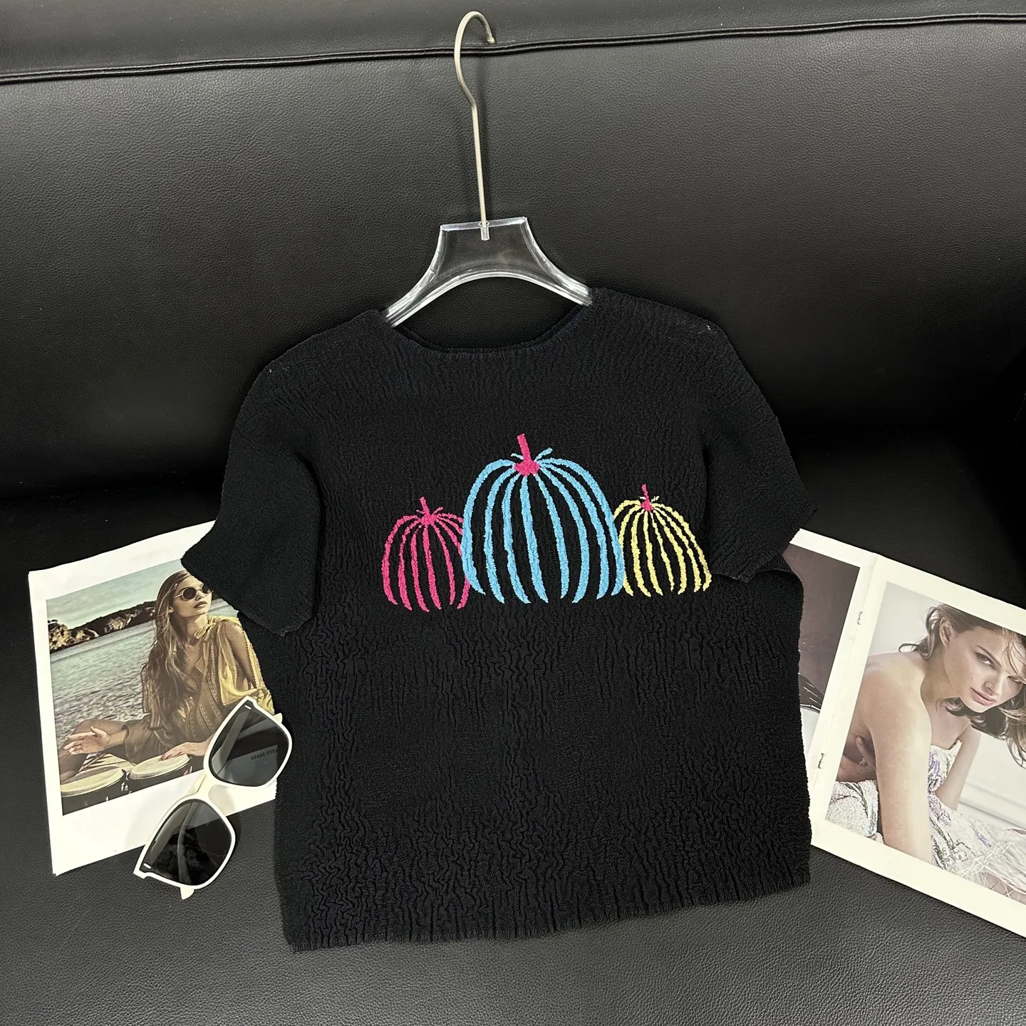 Miyake Ruffled Printed Top 2025 여름 새로운 패션 야생 느슨한 얇은 호박 자수 달콤한 티셔츠