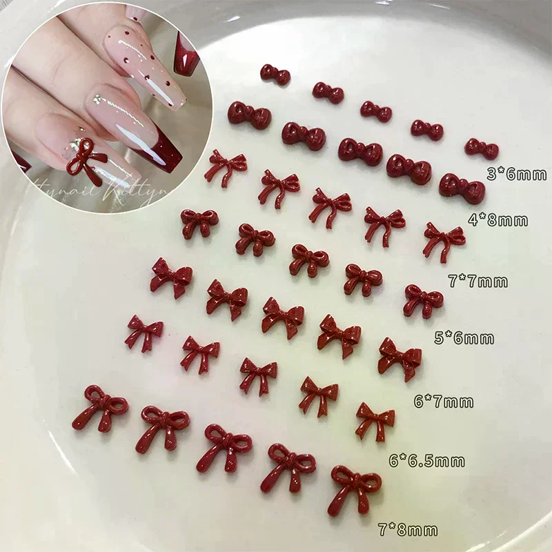 100PCS 3D Nail Art Red Bow Charms Supplies Kawaii Accessories Resin For Nails Decorastion Product Manicure Decor Materials Tool