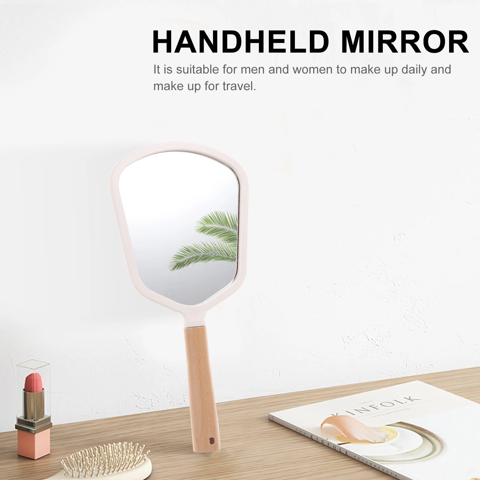1 pc Solid Wood Makeup Mirror Portable Handheld Mirror For Travel Daily Use High Definition Elliptical Shape Makeup