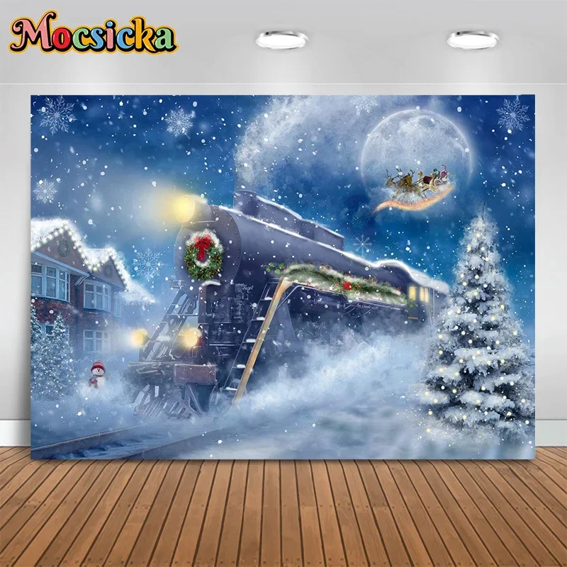 Mocsicka Xmas Photography Background Train Snow Santa Backdrop New Year's Birthday Party Kids Artistic Photo Banner Studio