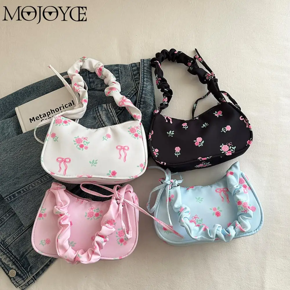 

Women Drawstring Aesthetic Floral Bag Large Capacity Pleated Strap Underarm Bag Adjustable Strap Zipper Closure Chic Hobo Bag