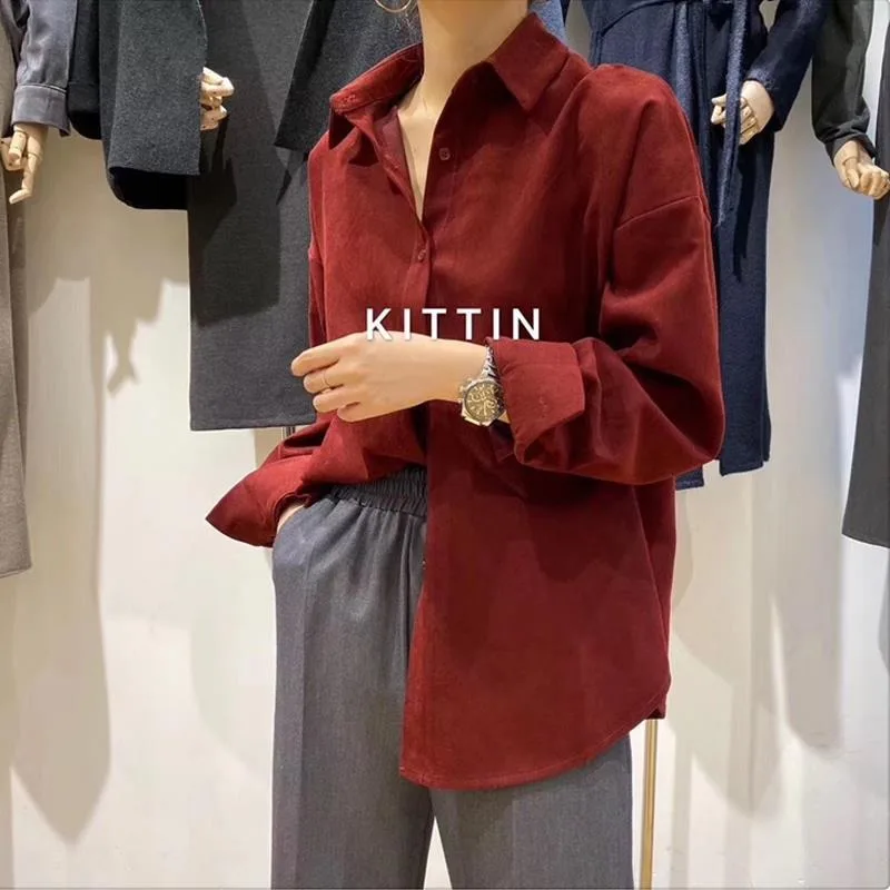 

Осенне-зимняя вельветовая рубашка, женская внутренняя одежда, нишевая красная свободная рубашка в стиле ретро с длинными рукавами, куртка, топ