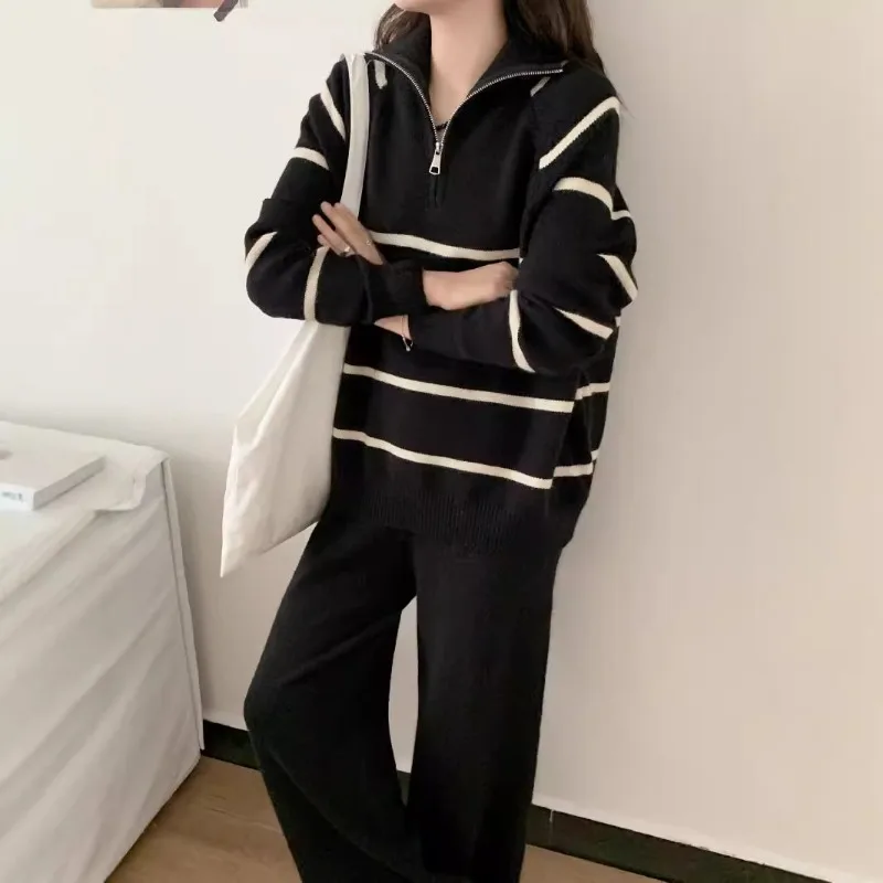 Label Zipper Striped Knitted Pants Suit Women 2024 Autumn New Korean Fashion Casual Pullover Sweater Knit Women Two-piece Sets